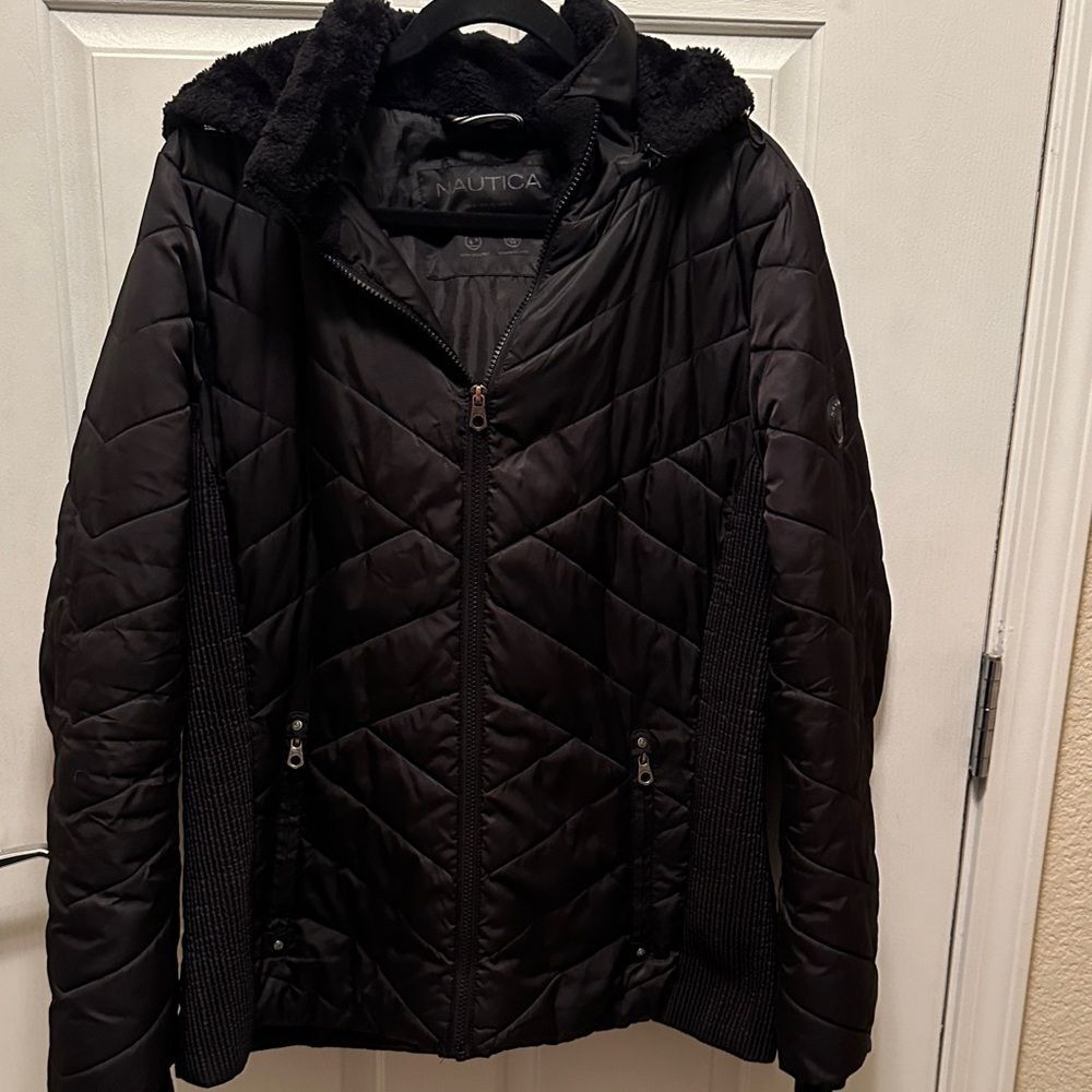 Nautica Women's Black Puffer Jacket Detachable Hood Water Resistant Size XL